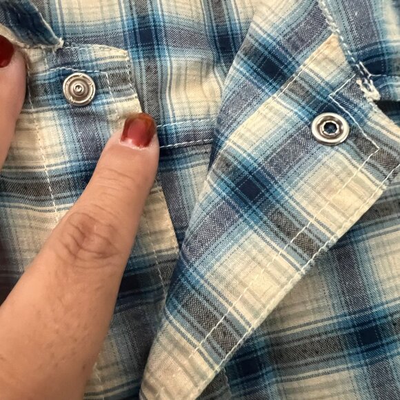 Prana Blue Beige Plaid Outdoor Mens Short Sleeve Snap Button Shirt Size XLarge - Picture 2 of 7